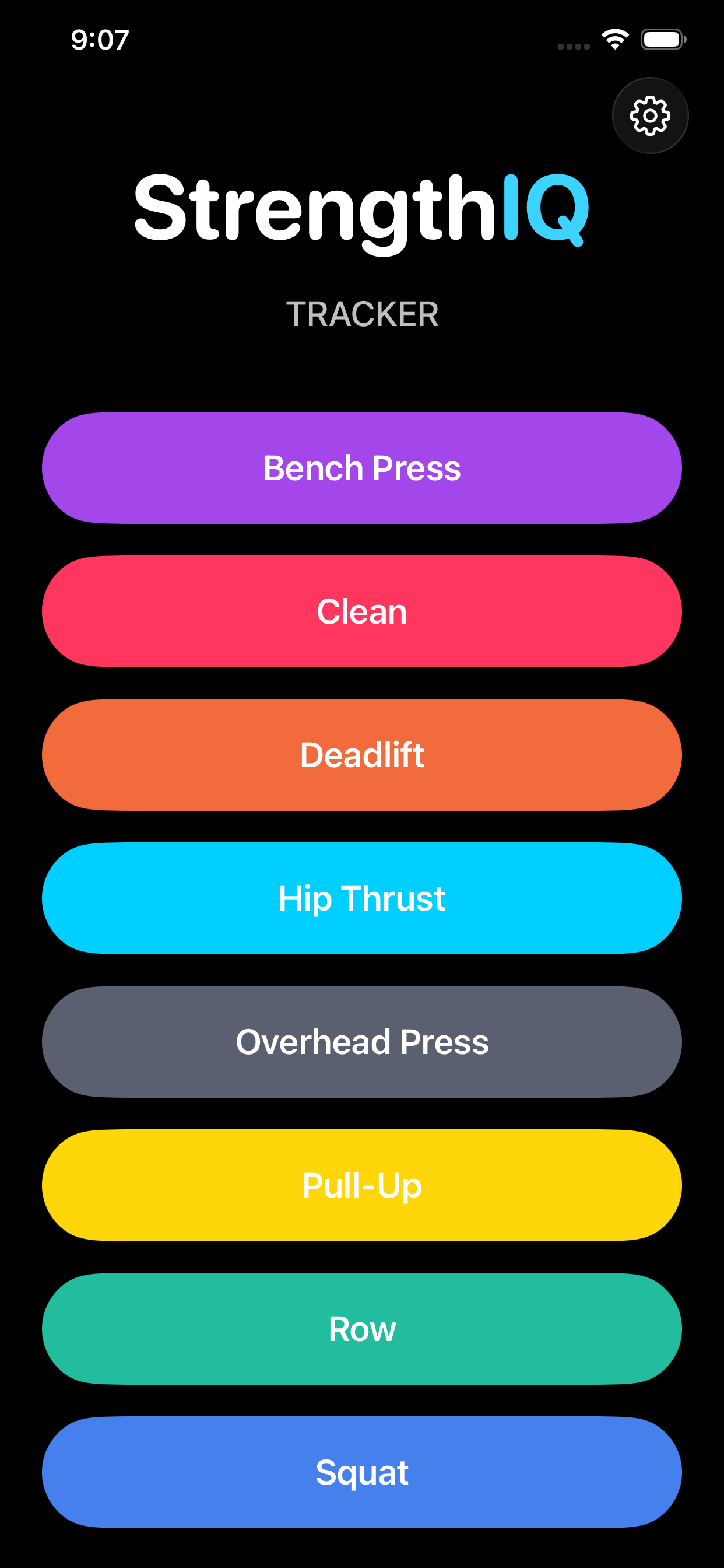 StrengthIQ home screen showing exercise buttons