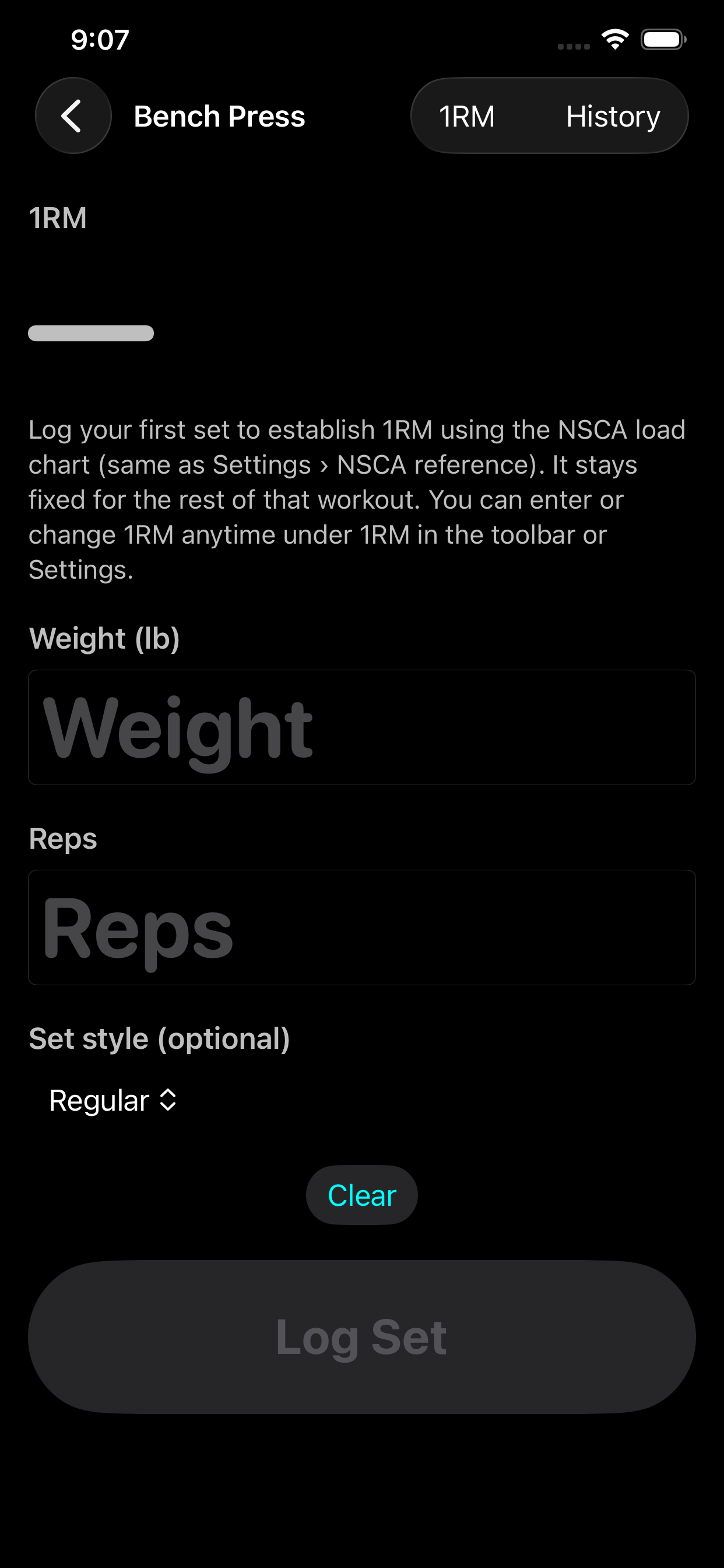 Log set screen for bench press with input fields
