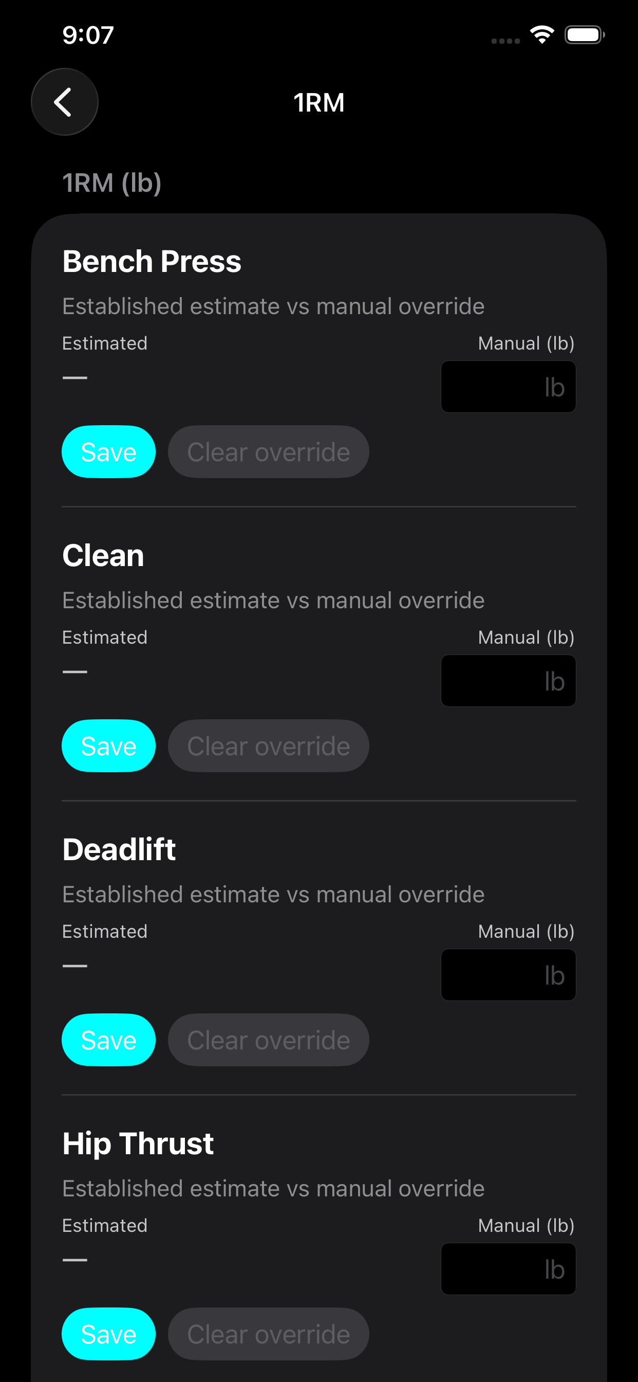 1RM management screen with estimated vs manual values