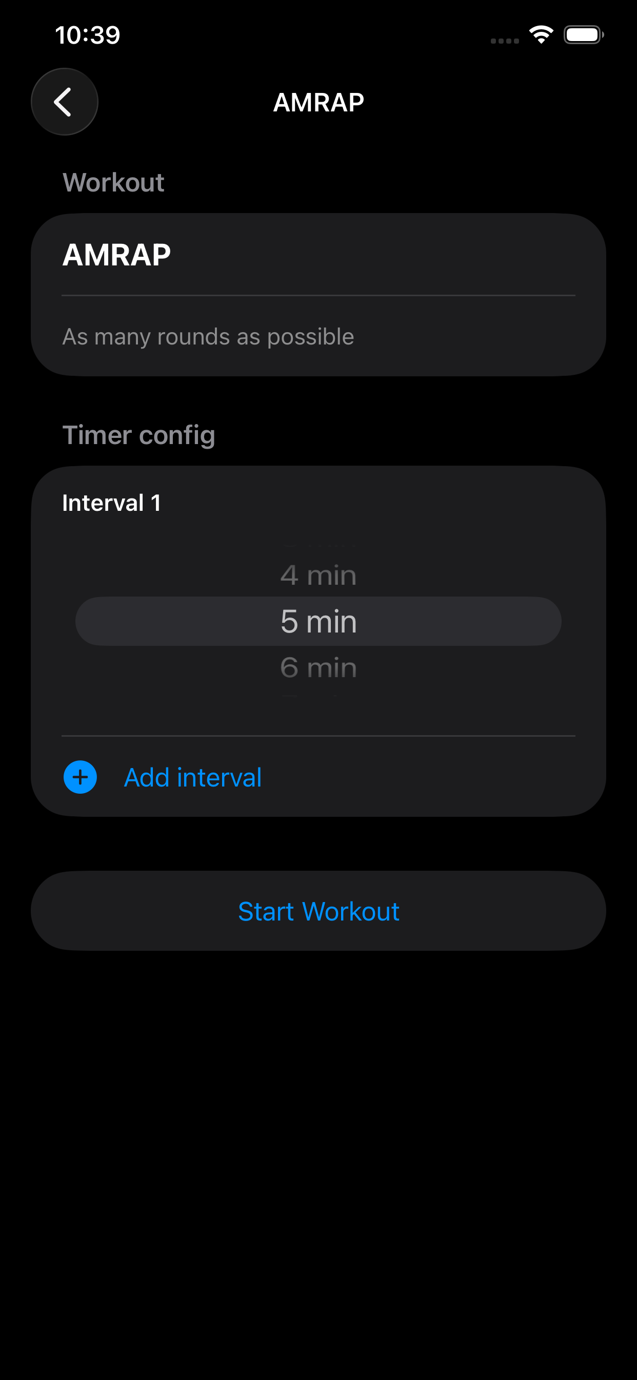 AMRAP setup screen with interval configuration