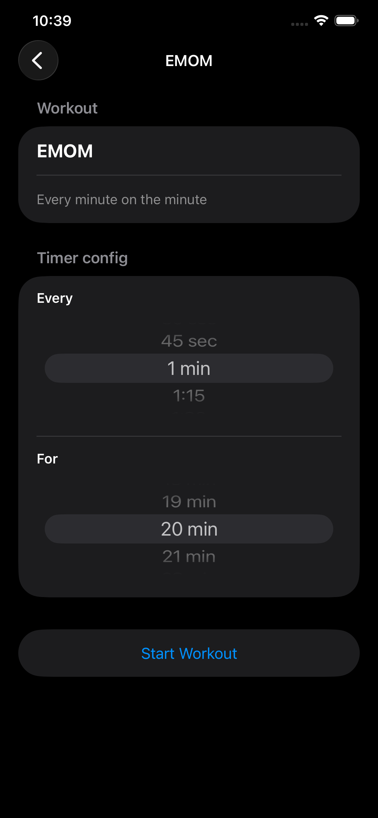 EMOM setup screen with Every and For pickers