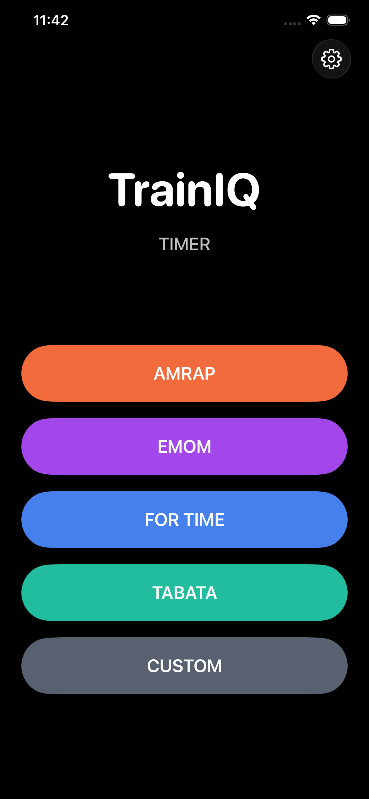 TrainIQ home screen showing workout mode buttons
