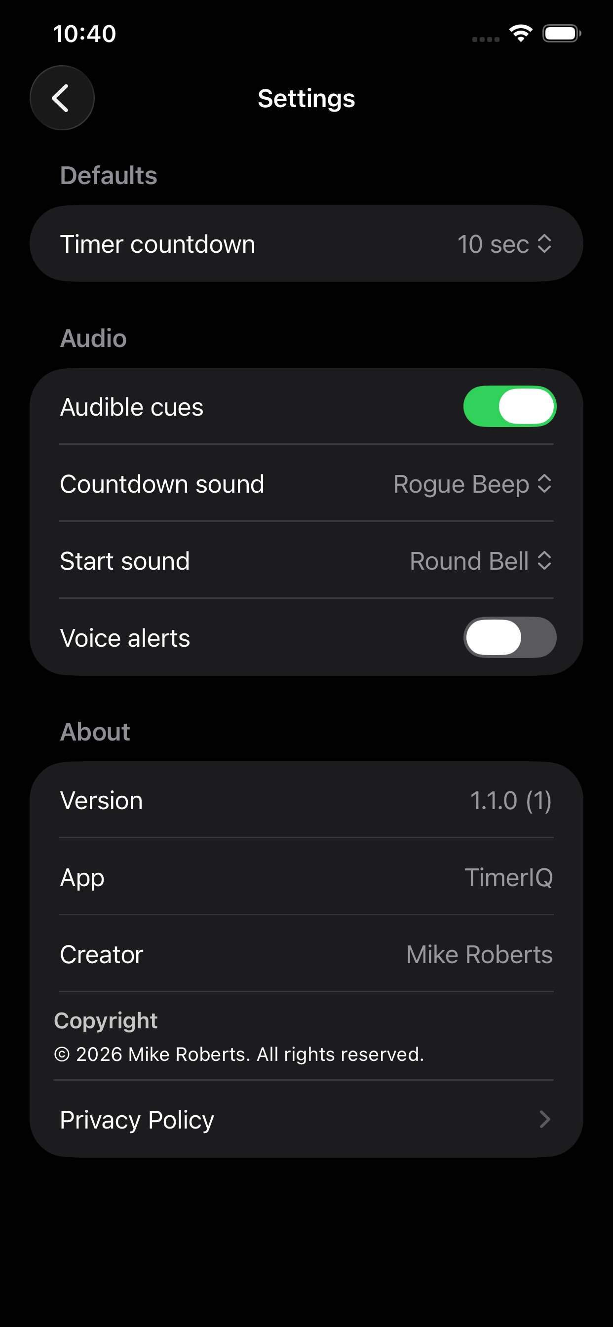 Settings screen with defaults, audio, and app info
