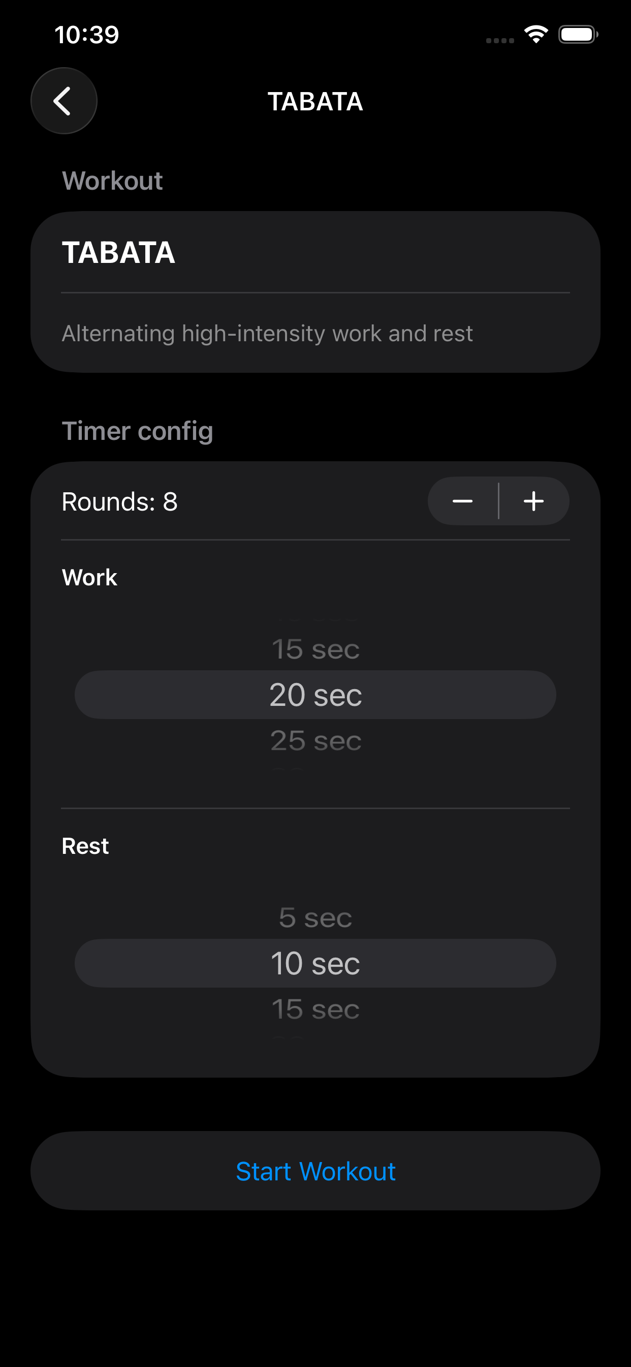 Tabata setup screen with rounds, work, and rest controls